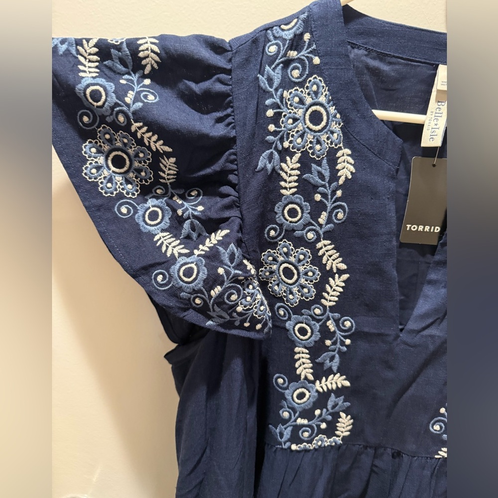 NWT 1X Torrid Belle Isle Navy Blue flutter sleeve trapeze embroidered dress NEW - Picture 5 of 14